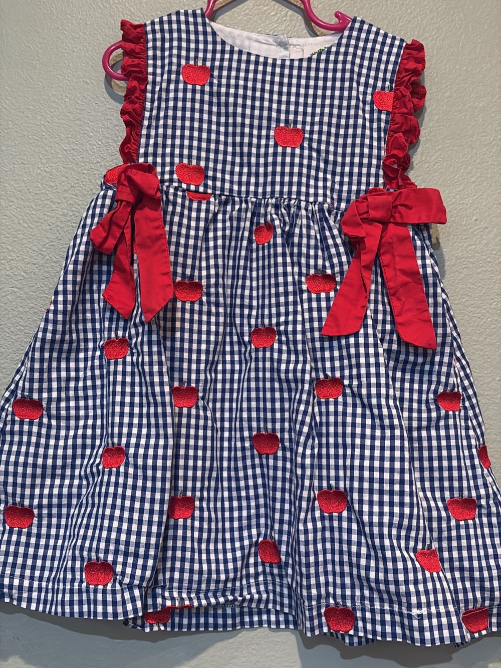 Girls Blue Gingham Dress with Red Apple Appliqués